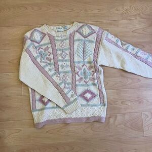 Hand Knit Vintage Cream and Pink Patterned Pastel Grandma Sweater
